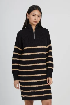 Striped Knitted Half Zip Mini Dress