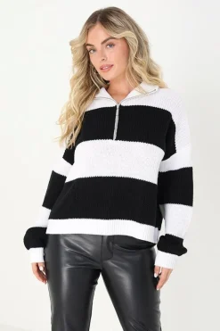 Striped Knitted Jumper With Zip Neck