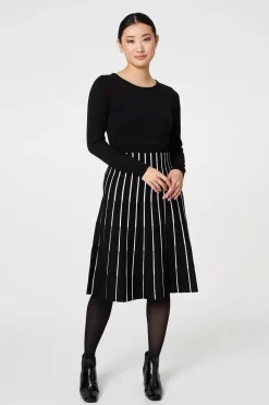Striped Pleat Skirt Knitted Midi Dress