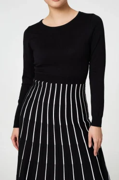 Striped Pleat Skirt Knitted Midi Dress