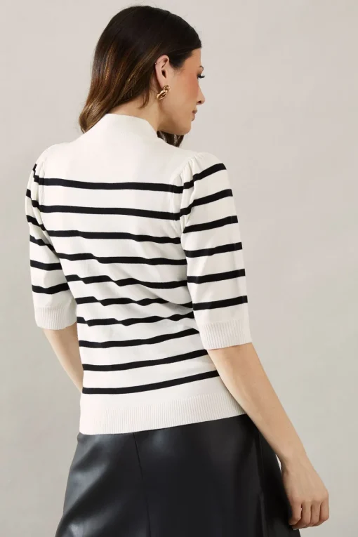 Striped Puff Sleeve Fine Gauge Knitted Top