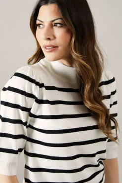 Striped Puff Sleeve Fine Gauge Knitted Top
