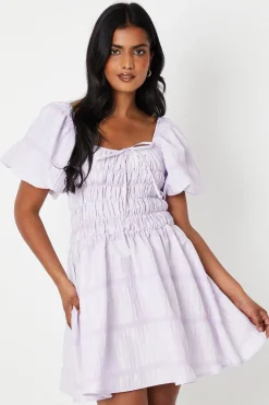 Striped Seersucker Bardot Puff Sleeve Shirred Mini Dress