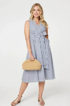 Striped Tie Waist Tiered Midi Dress