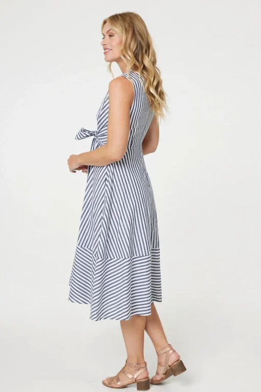 Striped Tie Waist Tiered Midi Dress