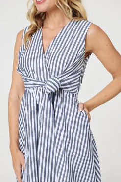 Striped Tie Waist Tiered Midi Dress