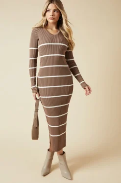 Striped V Neck Bodycon Knitted Midi Dress