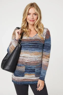 Striped V-Neck Long Sleeve Knit Jumper