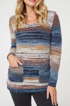 Striped V-Neck Long Sleeve Knit Jumper