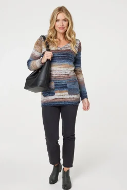 Striped V-Neck Long Sleeve Knit Jumper