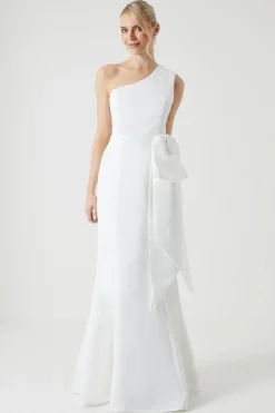 Structured Satin Statement Bow One Shoulder Bridal Dress