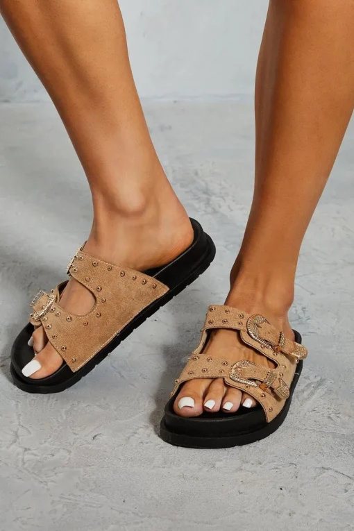 Studded Faux Suede Buckle Sliders