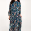 Swirl Print High Neck Blouson Pleated Dress