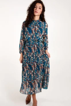Swirl Print High Neck Blouson Pleated Dress