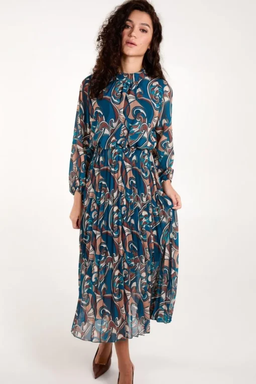 Swirl Print High Neck Blouson Pleated Dress