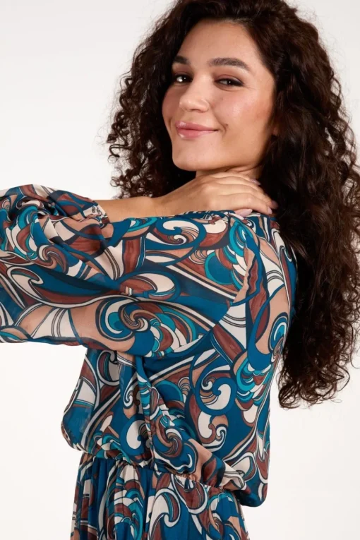 Swirl Print High Neck Blouson Pleated Dress