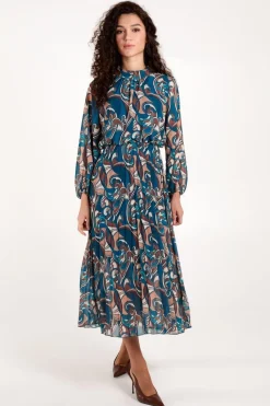 Swirl Print High Neck Blouson Pleated Dress