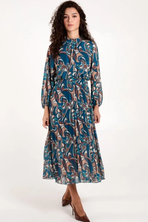 Swirl Print High Neck Blouson Pleated Dress