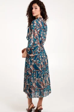 Swirl Print High Neck Blouson Pleated Dress