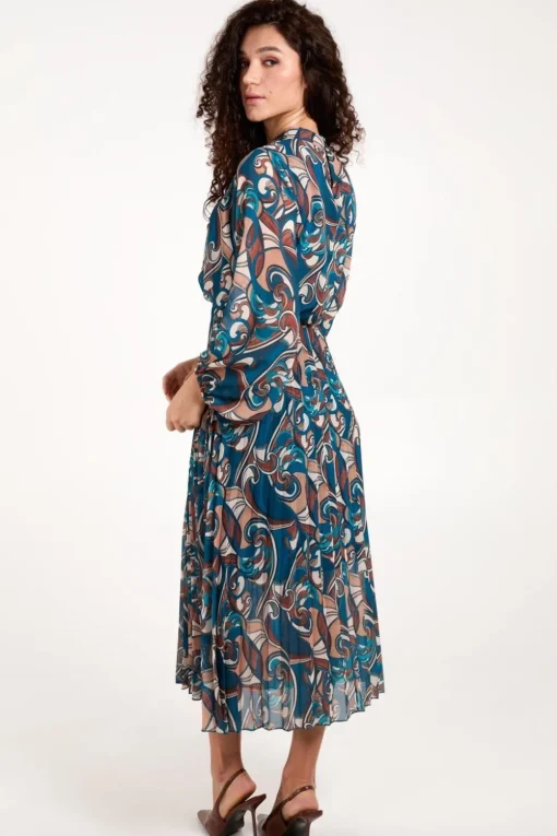 Swirl Print High Neck Blouson Pleated Dress
