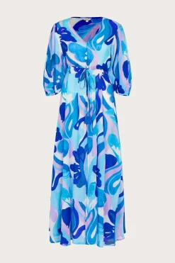 Swirl Print Puff Sleeve Maxi Dress