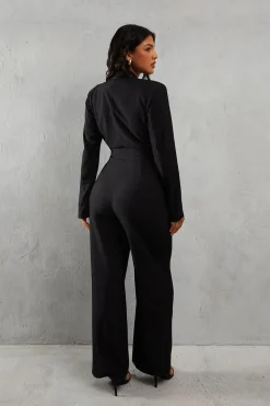 Tailored Collared Belted Long Sleeve Straight Leg Jumpsuit