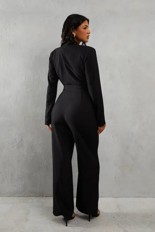 Tailored Collared Belted Long Sleeve Straight Leg Jumpsuit