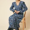 Tall Blue ditsy floral Frill Shoulder Shirred Waist Long Sleeve Midi Dress