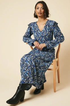 Tall Blue ditsy floral Frill Shoulder Shirred Waist Long Sleeve Midi Dress