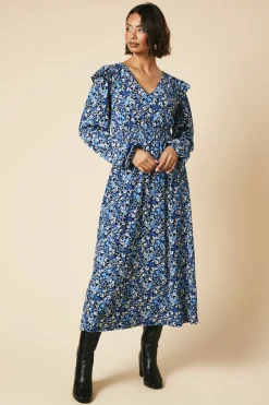 Tall Blue ditsy floral Frill Shoulder Shirred Waist Long Sleeve Midi Dress