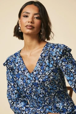 Tall Blue ditsy floral Frill Shoulder Shirred Waist Long Sleeve Midi Dress