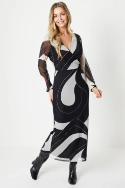 Tall Mono Geo Mesh Wrap Midi Dress