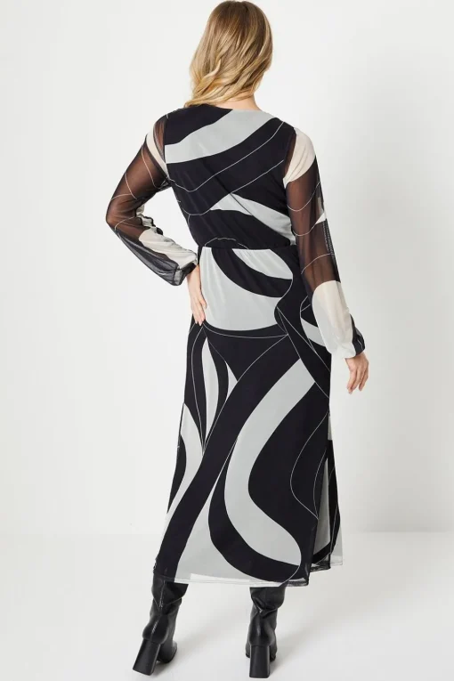Tall Mono Geo Mesh Wrap Midi Dress