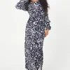 Tall Navy Animal Ruffle Sleeve Midi Dress