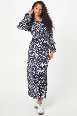Tall Navy Animal Ruffle Sleeve Midi Dress