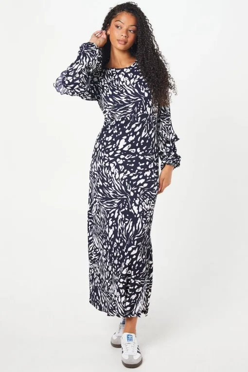 Tall Navy Animal Ruffle Sleeve Midi Dress