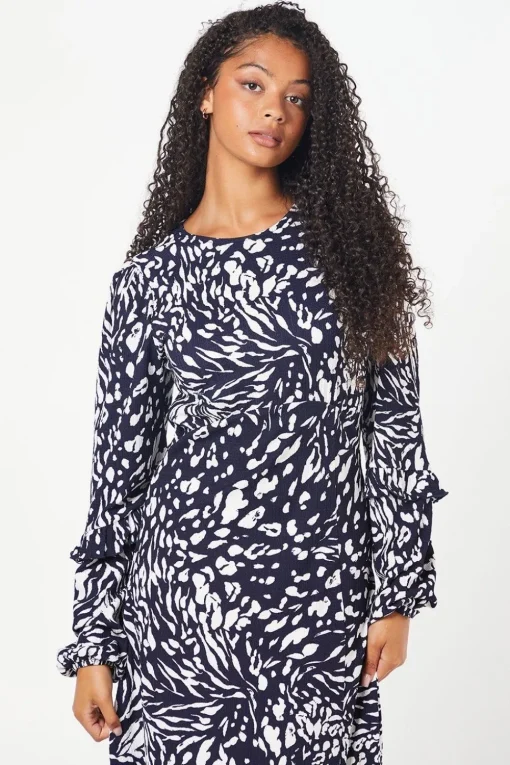 Tall Navy Animal Ruffle Sleeve Midi Dress
