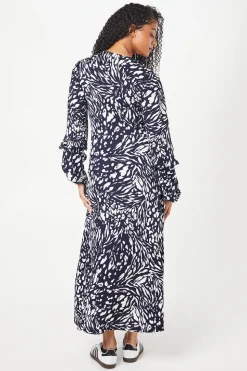 Tall Navy Animal Ruffle Sleeve Midi Dress