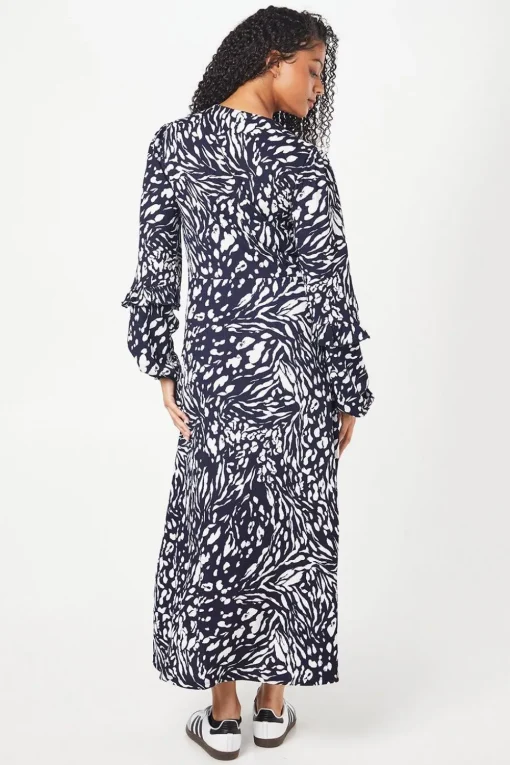 Tall Navy Animal Ruffle Sleeve Midi Dress