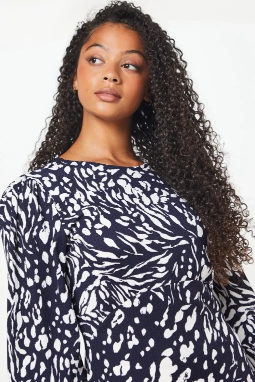 Tall Navy Animal Ruffle Sleeve Midi Dress
