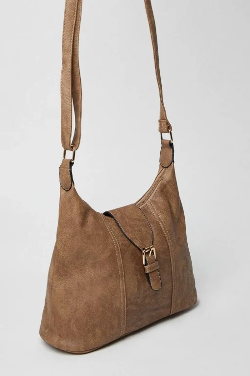 Terry Faux Leather Buckle Detail Top Zip Casual Tote Bags