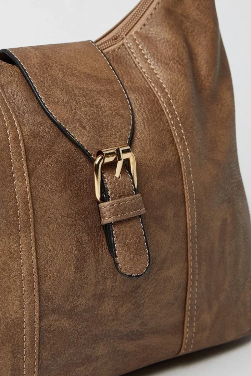 Terry Faux Leather Buckle Detail Top Zip Casual Tote Bags