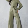 Textured Belted Wide Leg Jumpsuit