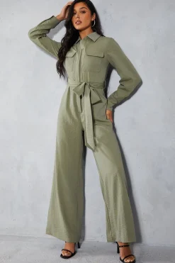 Textured Belted Wide Leg Jumpsuit