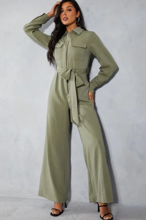 Textured Belted Wide Leg Jumpsuit