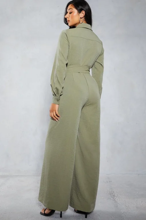 Textured Belted Wide Leg Jumpsuit