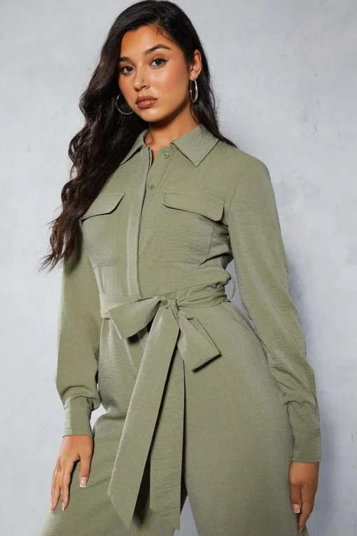 Textured Belted Wide Leg Jumpsuit