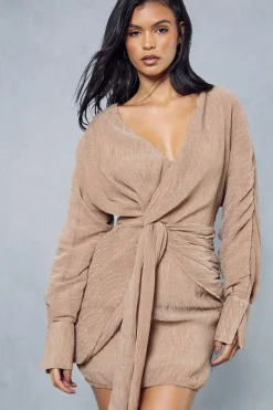 Textured Crinkle Twist Front Plunge Mini Shirt Dress