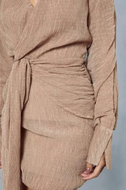 Textured Crinkle Twist Front Plunge Mini Shirt Dress