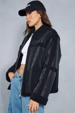 Textured Leather Look Borg Zipped Jacket